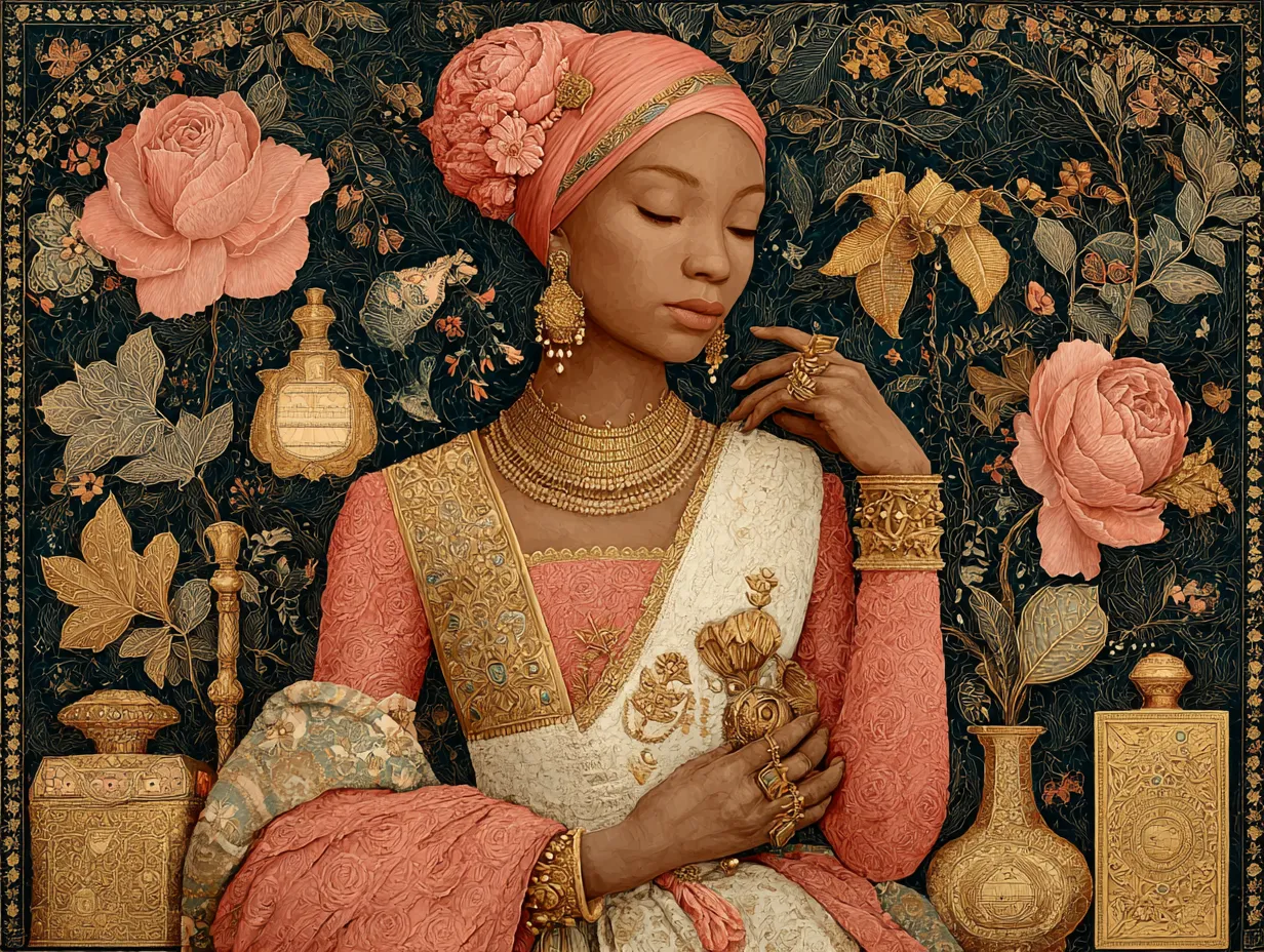 Chromolithographie d'Erzulie Freda vêtue d'une robe rose, illustrant le syncrétisme vaudou avec l'iconographie catholique de la Vierge Marie.