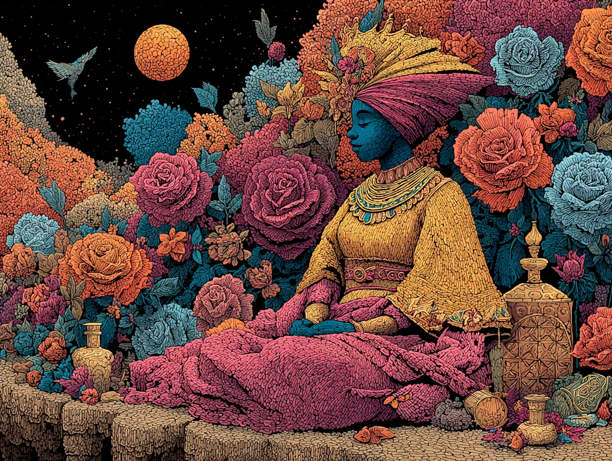 Représentation artistique d'Erzulie Freda, lwa de l'amour et de la beauté, entourée de fleurs roses et d'objets précieux.