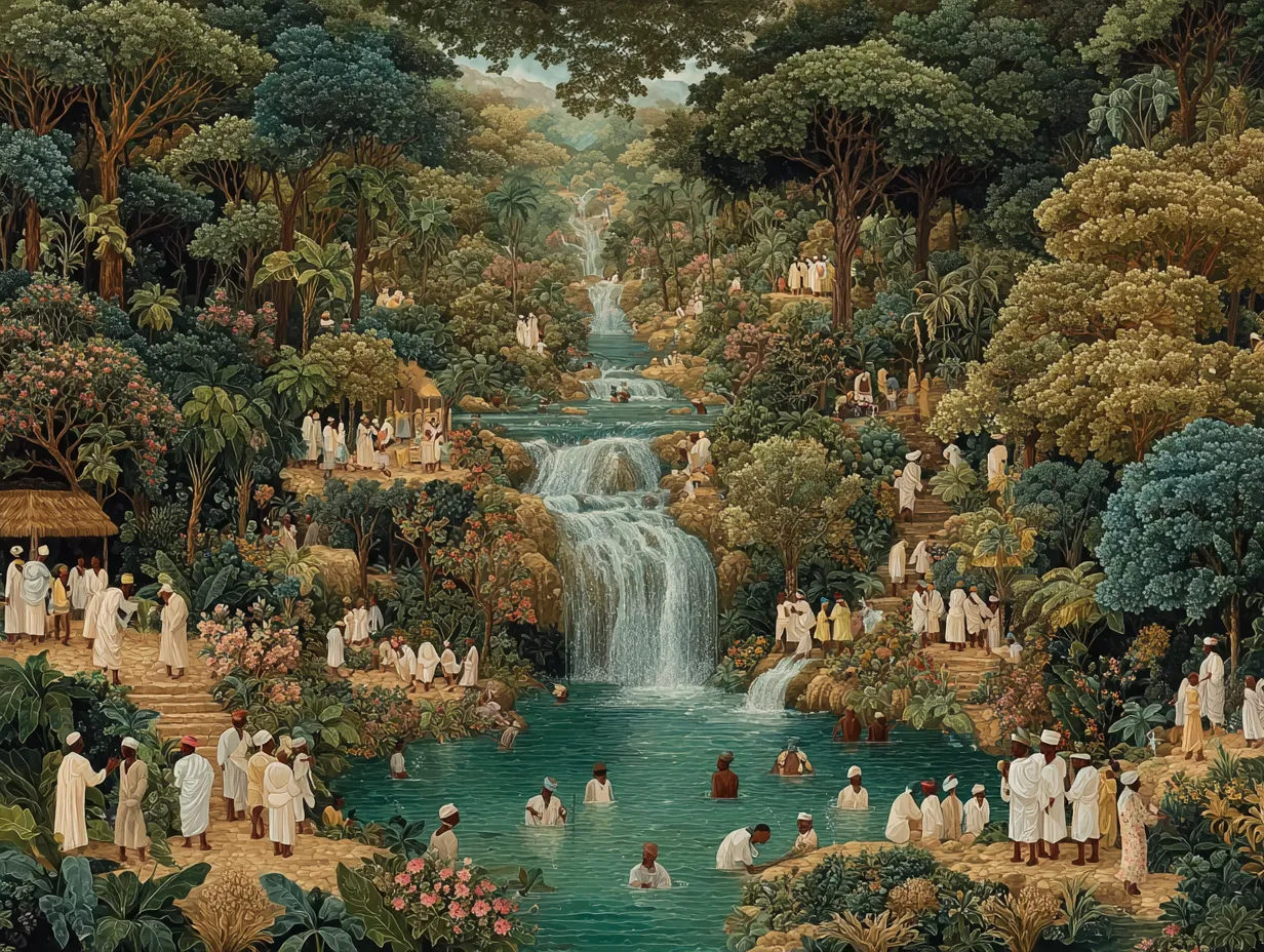 Personne se purifiant sous une cascade, symbolisant un bain rituel de guérison avec l'aide de Simbi Dlo.