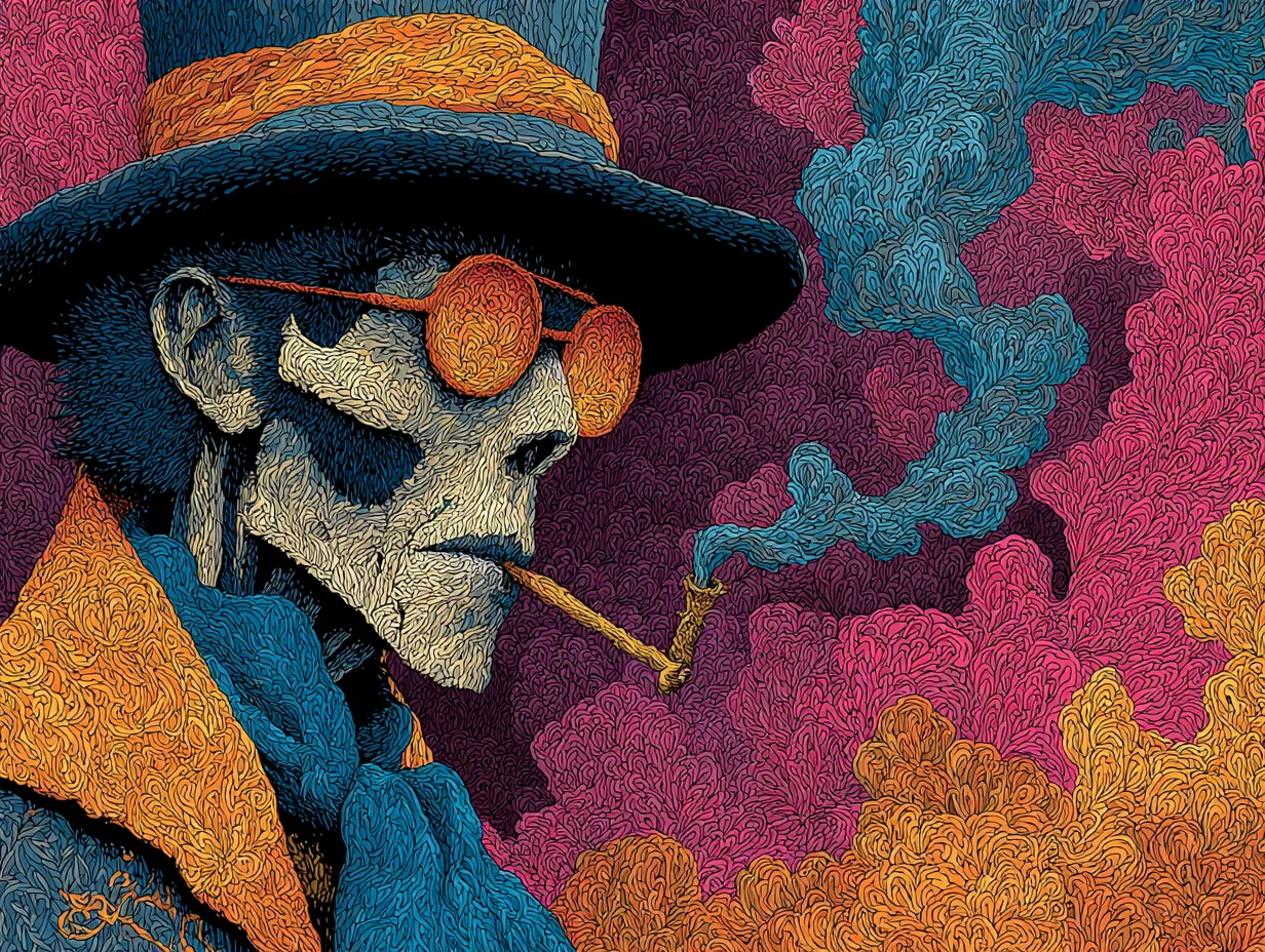Illustration stylisée du lwa Baron Samedi, maître des cimetières, avec son chapeau haut-de-forme et ses lunettes de soleil.