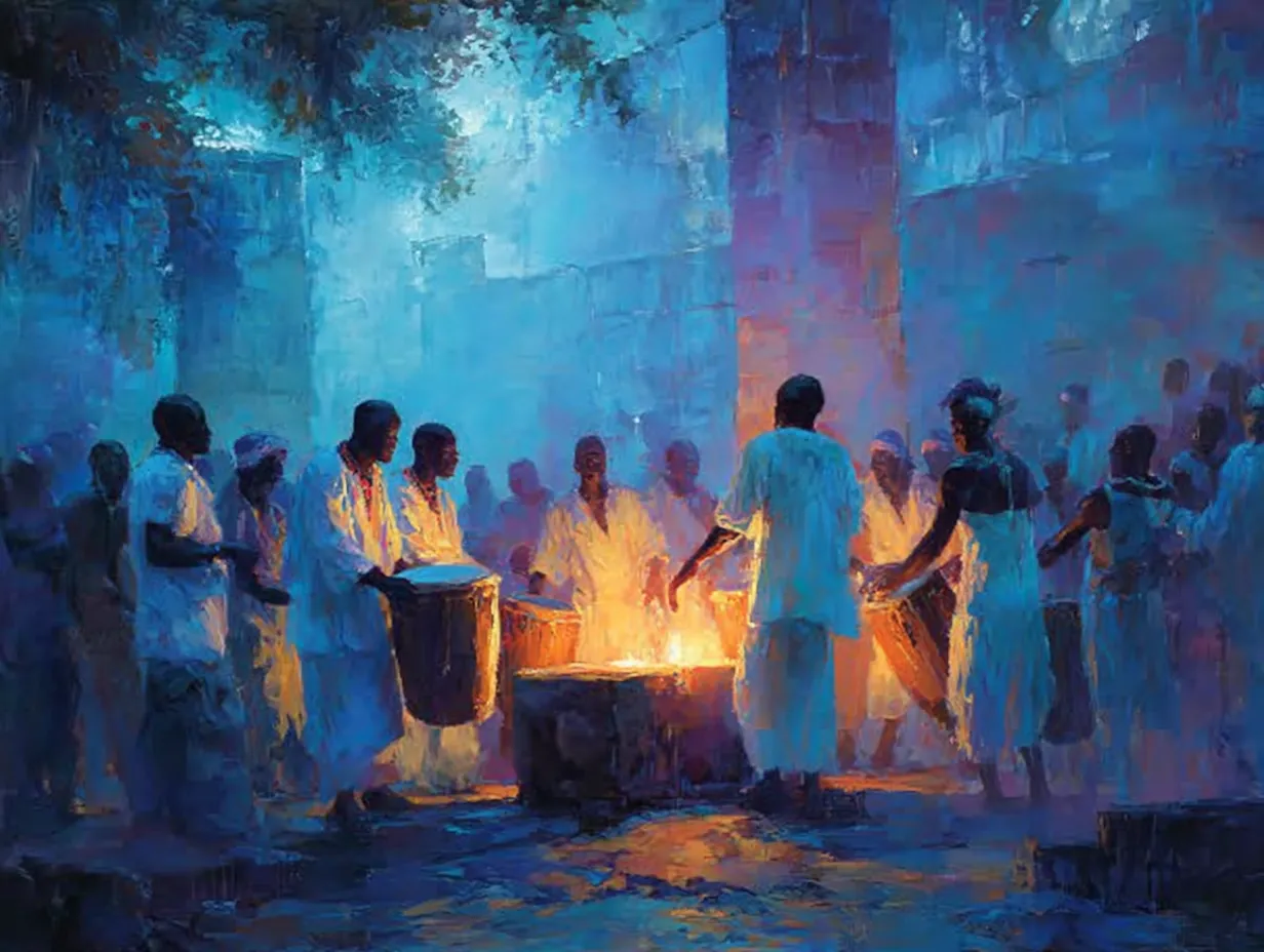 Ambiance d'une cérémonie vaudou haïtienne éclairée à la bougie, avec des tambours rituels au premier plan.
