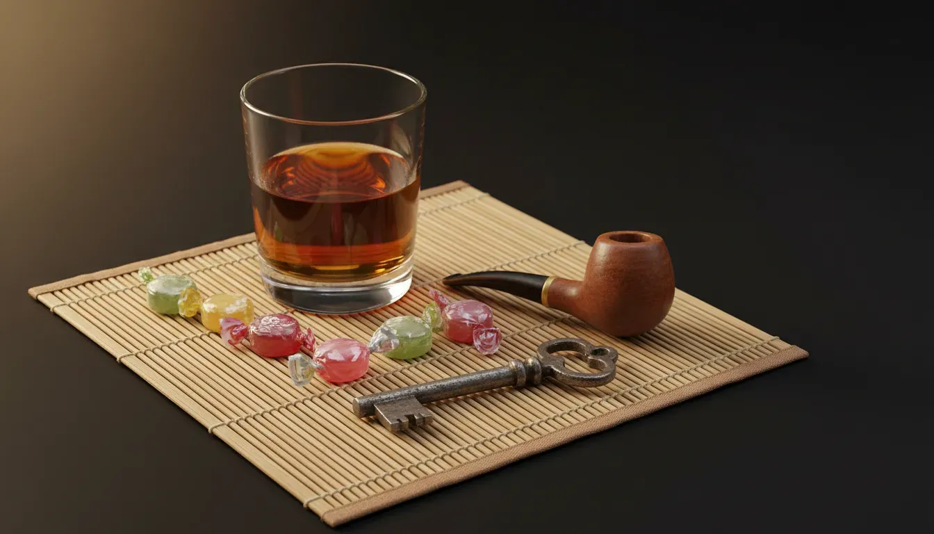 Offrandes pour Papa Legba : verre de rhum, bonbons et pipe en bois sur un autel vaudou.