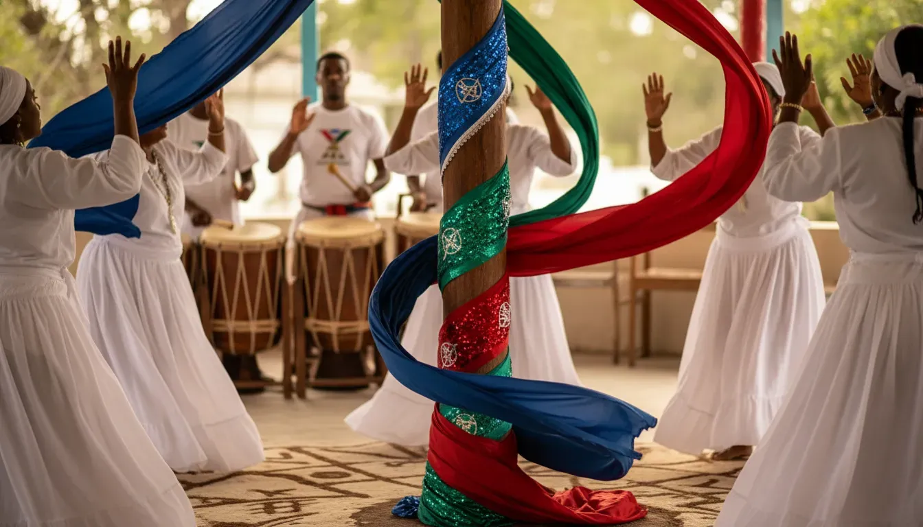 Cérémonie vaudou dans un péristyle haïtien, avec des initiés hounsi en blanc dansant.
