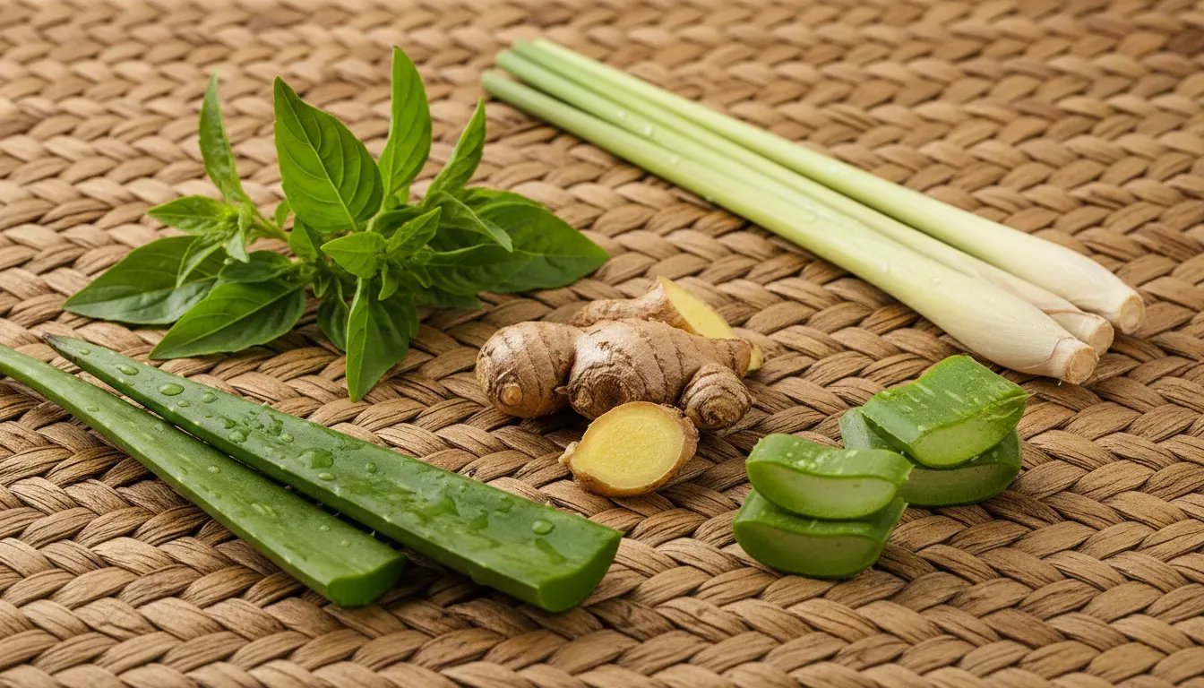 Sélection de plantes médicinales haïtiennes comme le basilic et le gingembre, utilisées dans les rituels et les offrandes pour les lwas guérisseurs.