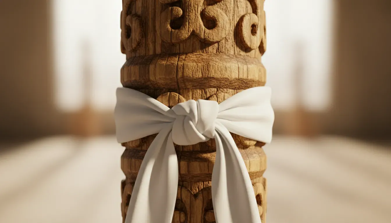 Gros plan sur un Poto Mitan en bois sculpté, avec un tissu blanc noué, symbolisant l'axe spirituel du vaudou.
