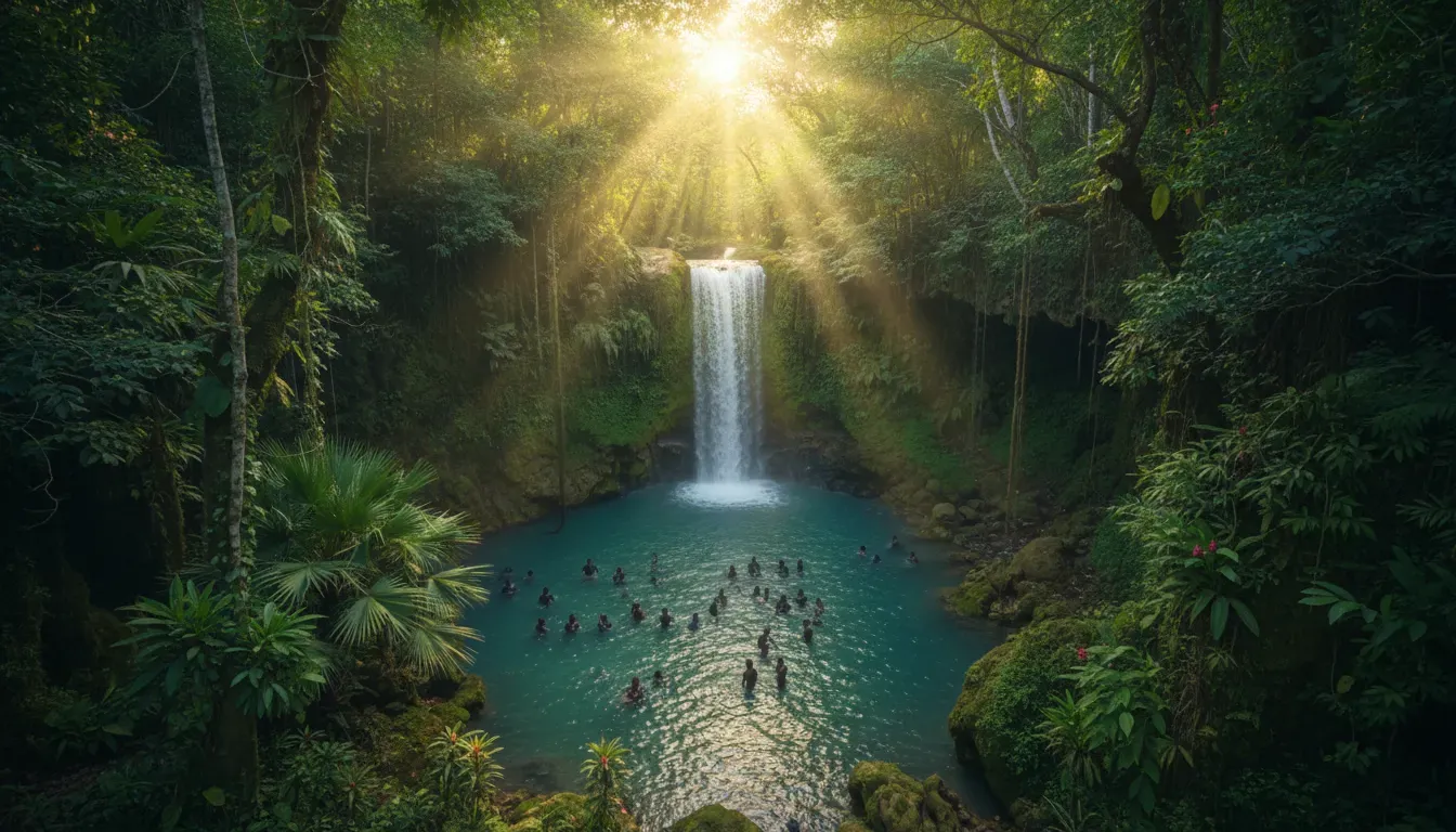 Pèlerins se baignant dans la cascade sacrée de Saut d'Eau en Haïti lors du pèlerinage annuel.