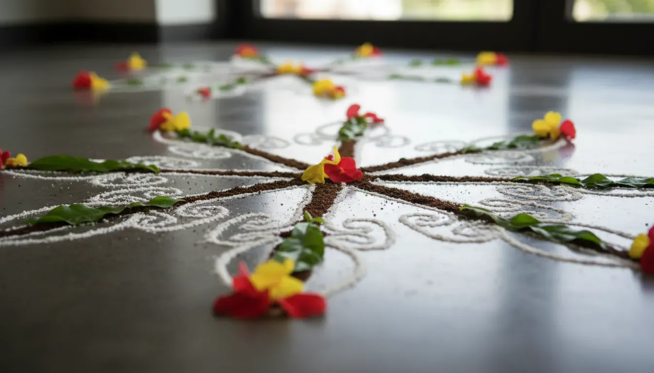 Gros plan sur un vèvè, symbole sacré des esprits vaudou, tracé au sol avec de la farine blanche.